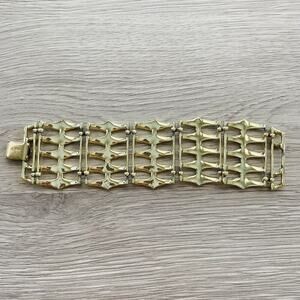 CORO Vintage Gold Tone Wide Link Bracelet Retro Geometric Panel Signed 7” Bold